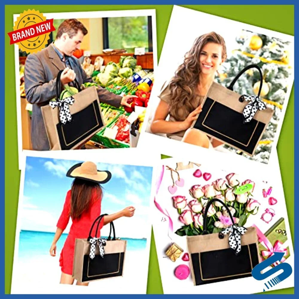 Large Jute Tote Bags Bulk Set with Handles Front Pocket DIY Blank Retro
